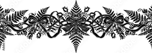 Elegant black and white floral ribbon border design with bows and ferns for decorative use silhouette and cutout removed background