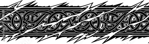 Intricate black and white Celtic knot border design with sharp, modern jagged edges silhouette and cutout removed background