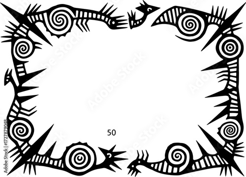 Intricate tribal dragon border design with abstract swirls and sharp spikes for a unique decorative element silhouette and cutout removed background