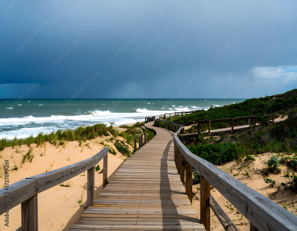 Naklejka premium Scenic Pathway Leading to Ocean with Dramatic Sky and Waves
