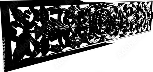 Exquisite black ornate floral carved panel with detailed roses and leaves brings timeless elegance to any space. silhouette and cutout removed background