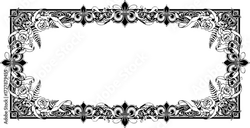 Elegant black and white ornate floral border design with roses and fleur de lis motifs silhouette and cutout removed background