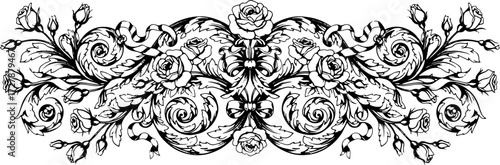 Elegant vintage rose scrollwork design with intricate floral details and ribbons, perfect for luxurious invitations. silhouette and cutout removed background