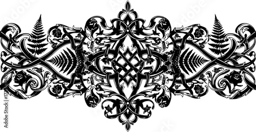 Intricate black and white Celtic knotwork with ferns and roses offers timeless elegance silhouette and cutout removed background