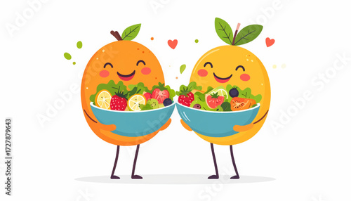 Happy Orange Friends Sharing a Healthy Salad A Colorful Illustration of Food and Happiness