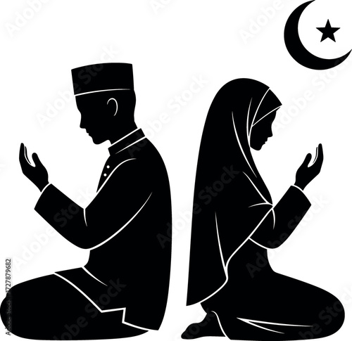 Muslim man and woman praying silhouette with crescent moon and star, Islamic devotion, religious faith, cultural identity, black and white
