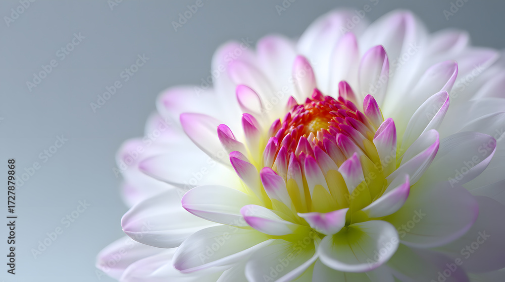 Obraz premium Dahlia's Delicate Embrace: A breathtaking close-up of a dahlia, its pristine petals unfurling in a display of intricate detail.