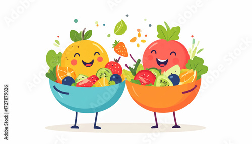 Healthy and delicious fruit salad bowls smiling with joy, offering a vibrant and refreshing experience