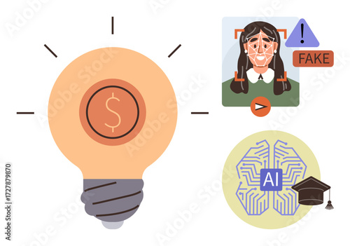 Lightbulb with a dollar symbol, AI brain with graduation cap, and face detection for fake content. Ideal for technology, innovation, education, AI, creativity safety and ethics. Simple flat