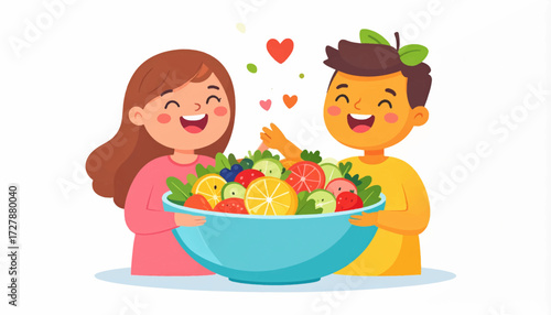 Joyful cartoon children sharing a vibrant bowl of fresh fruit and vegetable salad, celebrating healthy eating and a balanced lifestyle
