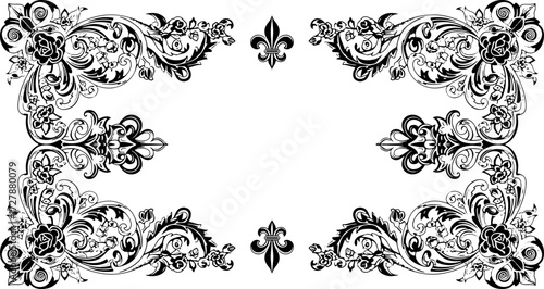 Elegant black floral scrollwork flourishes with fleur de lis accents frame empty space silhouette and cutout removed background