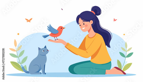 A Woman Interacting with a Bird and Cat in a Delightful Cartoon Illustration