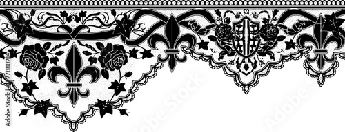 Elegant black lace border with roses and fleur de lis, perfect for vintage designs silhouette and cutout removed background