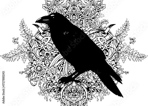 Mysterious black raven with piercing red eyes perched on intricate gothic ornamental background silhouette and cutout removed background