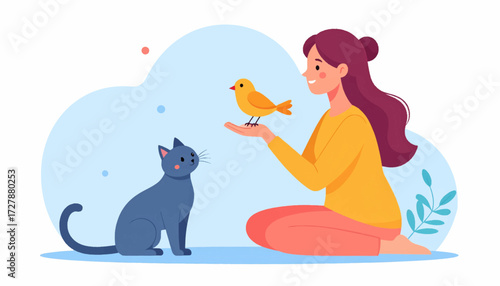 Happy woman with bird on hand, cat, and fluffy clouds in a flat vector illustration