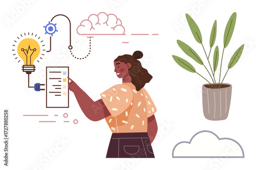 Woman using interactive interface with cloud, lighting, gear, plant, connection lines. Ideal for innovation, creativity, environment technology brainstorming workflow productivity. Modern flat