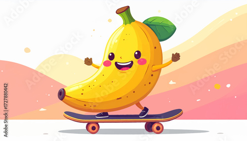 Happy Cartoon Banana Riding a Skateboard A Fun and Playful Illustration for Everyone!