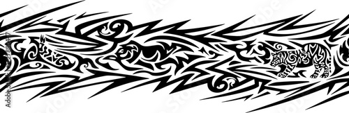Dynamic tribal animal border design featuring fierce jaguar and abstract tribal patterns silhouette and cutout removed background