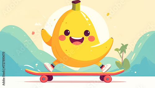 Cheerful cartoon banana character gracefully riding a skateboard with a smile and joyful expression on a sunny day, depicting fun and activity