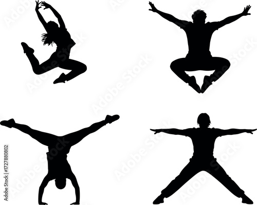 Silhouette dancers performing dynamic gymnastic poses, energetic movement, expressive body shapes, acrobatic balance, artistic flexibility, black figures on white background