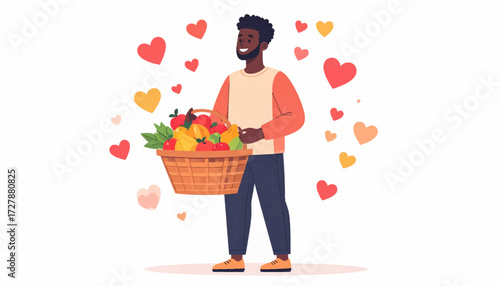 Man holding a basket of fruits surrounded by hearts.