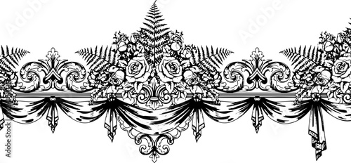 Elegant black and white floral scrollwork with draped fabric and fern accents for luxurious design silhouette and cutout removed background