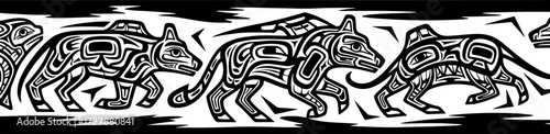 Stunning Indigenous tribal art depicts powerful wolves in dynamic procession, perfect for cultural design silhouette and cutout removed background