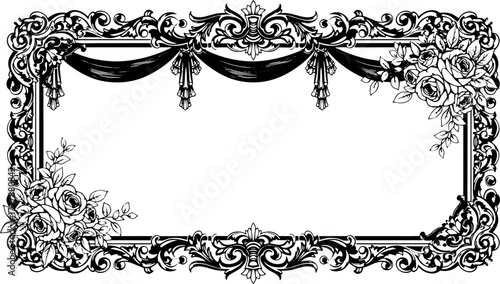 Elegant ornate floral frame with classic scrollwork and draping for luxurious invitations or vintage designs silhouette and cutout removed background