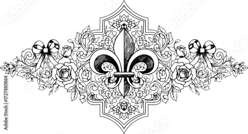 Elegant fleur de lis emblem with roses and ribbons for ornate decorative design silhouette and cutout removed background