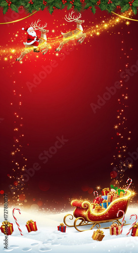 A whimsical illustration of Santa Claus and his reindeer flying through a sparkling red night sky above a sleigh filled with Christmas presents