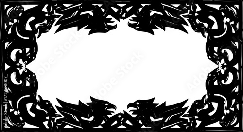 Intricate dark carved border featuring mythical dragon heads and ornate swirling patterns silhouette and cutout removed background