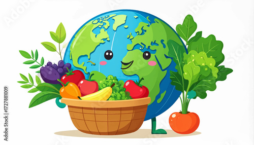 Cartoon image of Earth with a basket of fruits and vegetables, promoting healthy eating and environmental awareness.