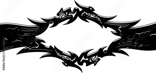 Elegant black tribal ornamental border design with intricate swirling patterns and sharp edges silhouette and cutout removed background