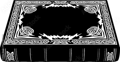 Ancient black leather book with intricate white Celtic knot designs and lightning motif silhouette and cutout removed background