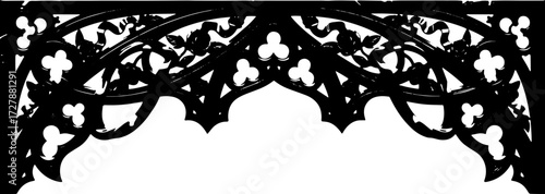 Intricate black gothic architectural archway with floral motifs creates elegant entryway silhouette and cutout removed background
