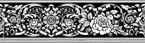 Elegant vintage floral border design with intricate scrollwork and rose motif silhouette and cutout removed background