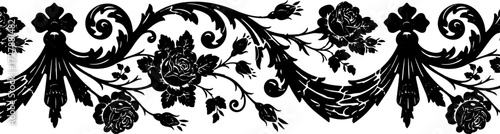 Elegant black floral baroque border design with intricate rose details and scrolling acanthus leaves silhouette and cutout removed background