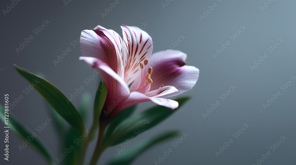 Obraz premium Pink Lily in the Soft Glow: A captivating close-up reveals a delicate pink lily in full bloom, its petals intricately detailed. The soft lighting and a simple backdrop highlight the flower's elegance.