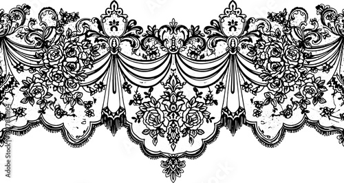 Elegant black lace border with intricate floral rose patterns and ornate detailing, perfect for vintage designs. silhouette and cutout removed background