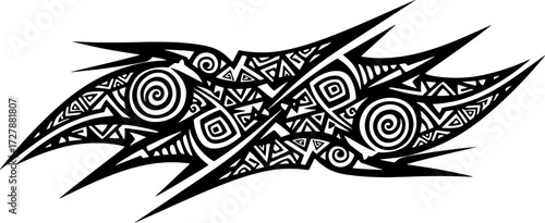 Dynamic tribal tattoo design with intricate patterns and sharp edges, perfect for edgy apparel and bold graphics. silhouette and cutout removed background