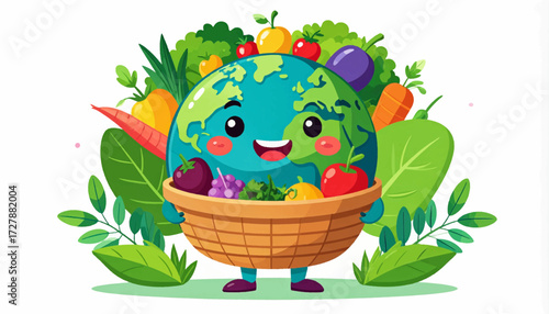 Cartoon Earth holding a basket of fruits and vegetables, surrounded by greenery.