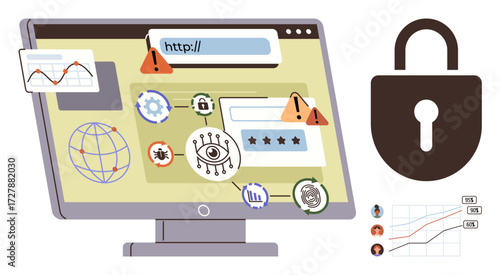 Computer screen with warning signs, threat icons, and a large lock. Ideal for cybersecurity, data protection, internet safety, malware prevention, privacy, digital threats simple flat metaphor