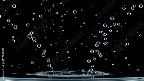 A dynamic display of liquid droplets and mesmerizing bubbles in a stark dark background. Capturing the ephemeral beauty of water in motion, evoking feelings of freshness, purity.