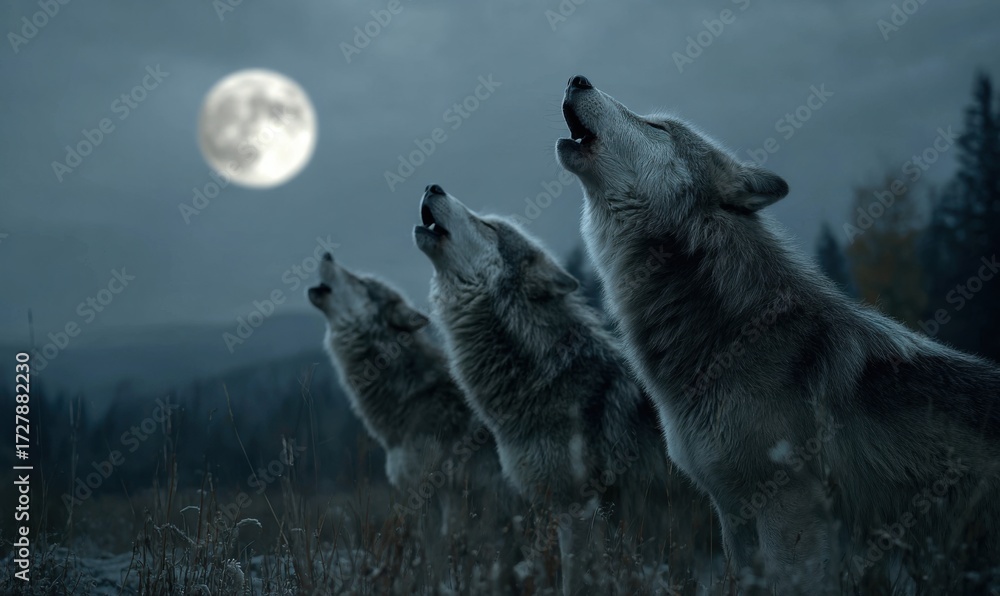 Naklejka premium Three wolves howling at the moon