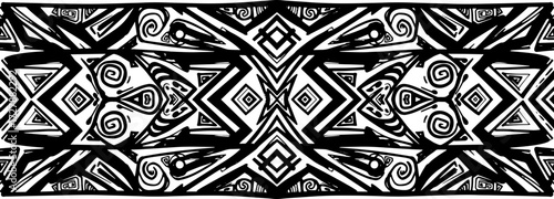 Bold black and white abstract tribal pattern with geometric shapes and swirling motifs silhouette and cutout removed background