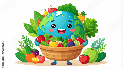 Cartoon Earth character holding a bowl of fruits and vegetables.