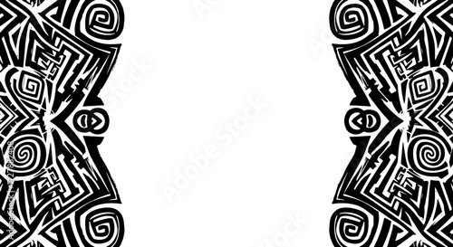 Bold black tribal pattern frames white space for modern graphic design projects silhouette and cutout removed background