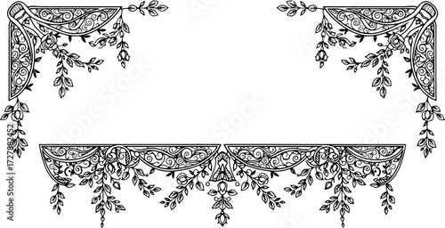 Elegant vintage floral border design for invitations and decorative projects, classic ornamental flourish silhouette and cutout removed background