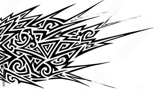 Dynamic tribal tattoo design with sharp geometric patterns and swirling elements in black and grey silhouette and cutout removed background