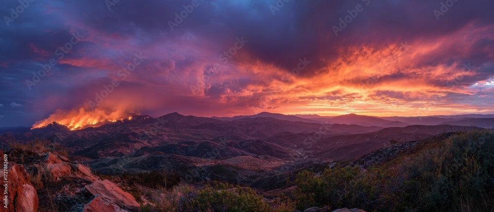 Fototapeta premium Turbulent Sky Ablaze - A Fiery Panoramic Sunset Over a Mountain Wilderness.